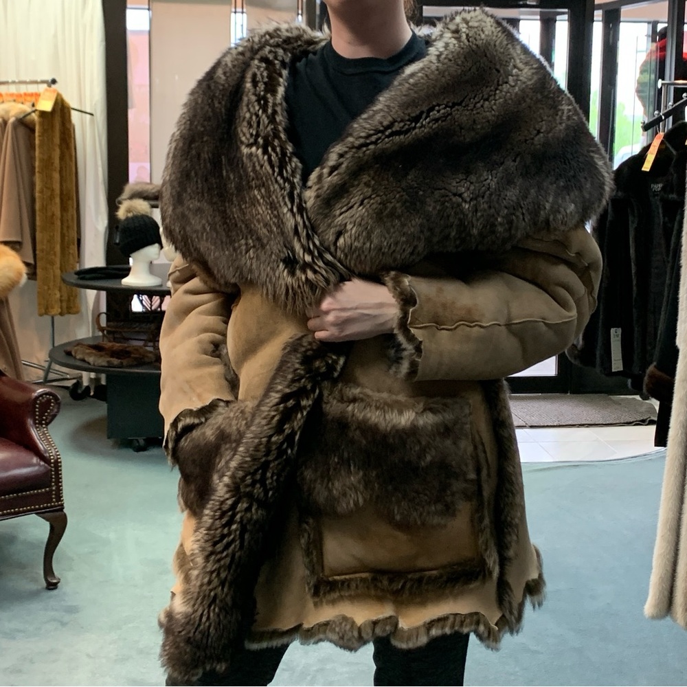 Robert Comstock Genuine Suede Shearling Chewed Hem Unisex Oversized Jacket